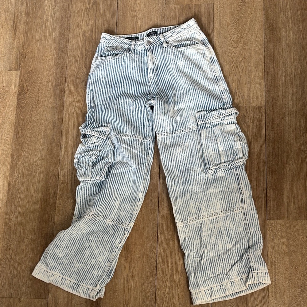 wild fable Striped Light Blue Wide-Leg Cargo Jeans
